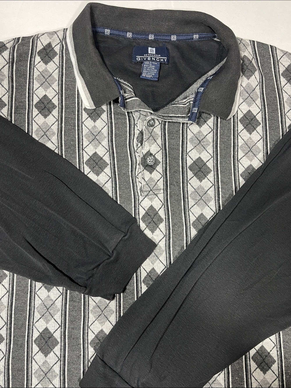 Vintage Givenchy Activewear XL Argyle Stripe Long Sleeve Polo Shirt Gray Black